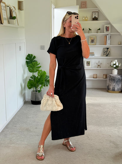 Black Side Tie S/S Jersey Dress