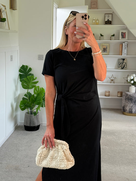 Black Side Tie S/S Jersey Dress