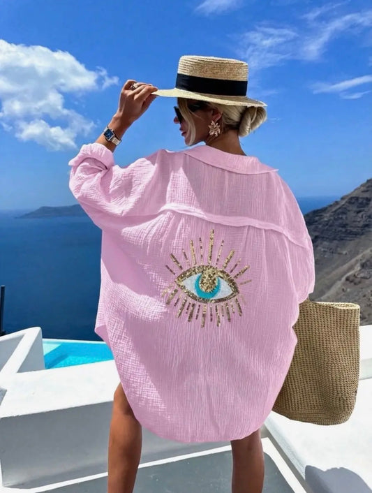 Baby Pink Sequin Eye Cheesecloth Shirt