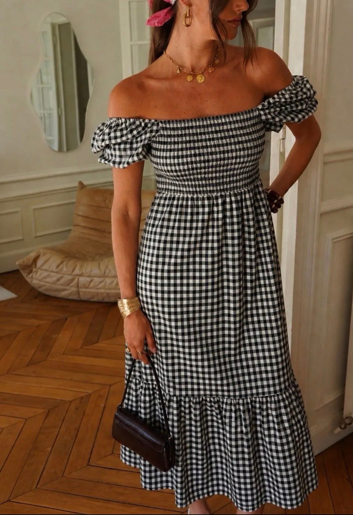 Black/White Gingham Bardot Maxi Dress