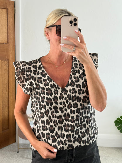Leopard Print V Neck Cheesecloth Top
