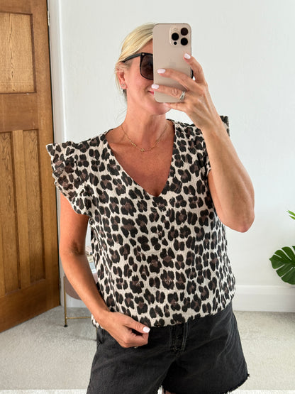 Leopard Print V Neck Cheesecloth Top