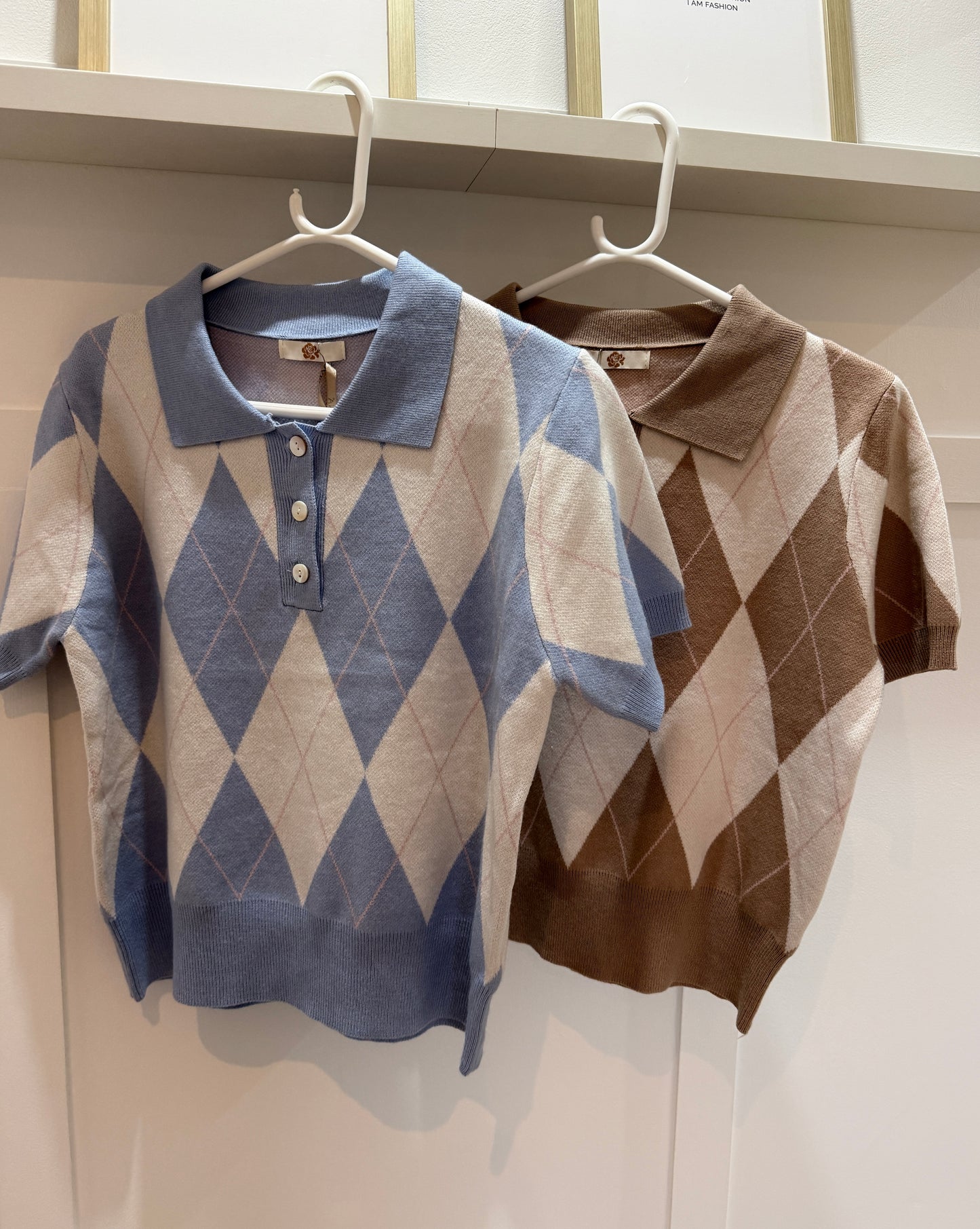 Sky Blue/Cream Argyle Polo S/S Jumper