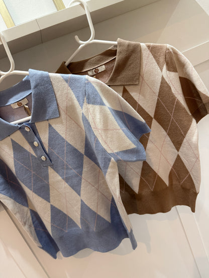Sky Blue/Cream Argyle Polo S/S Jumper