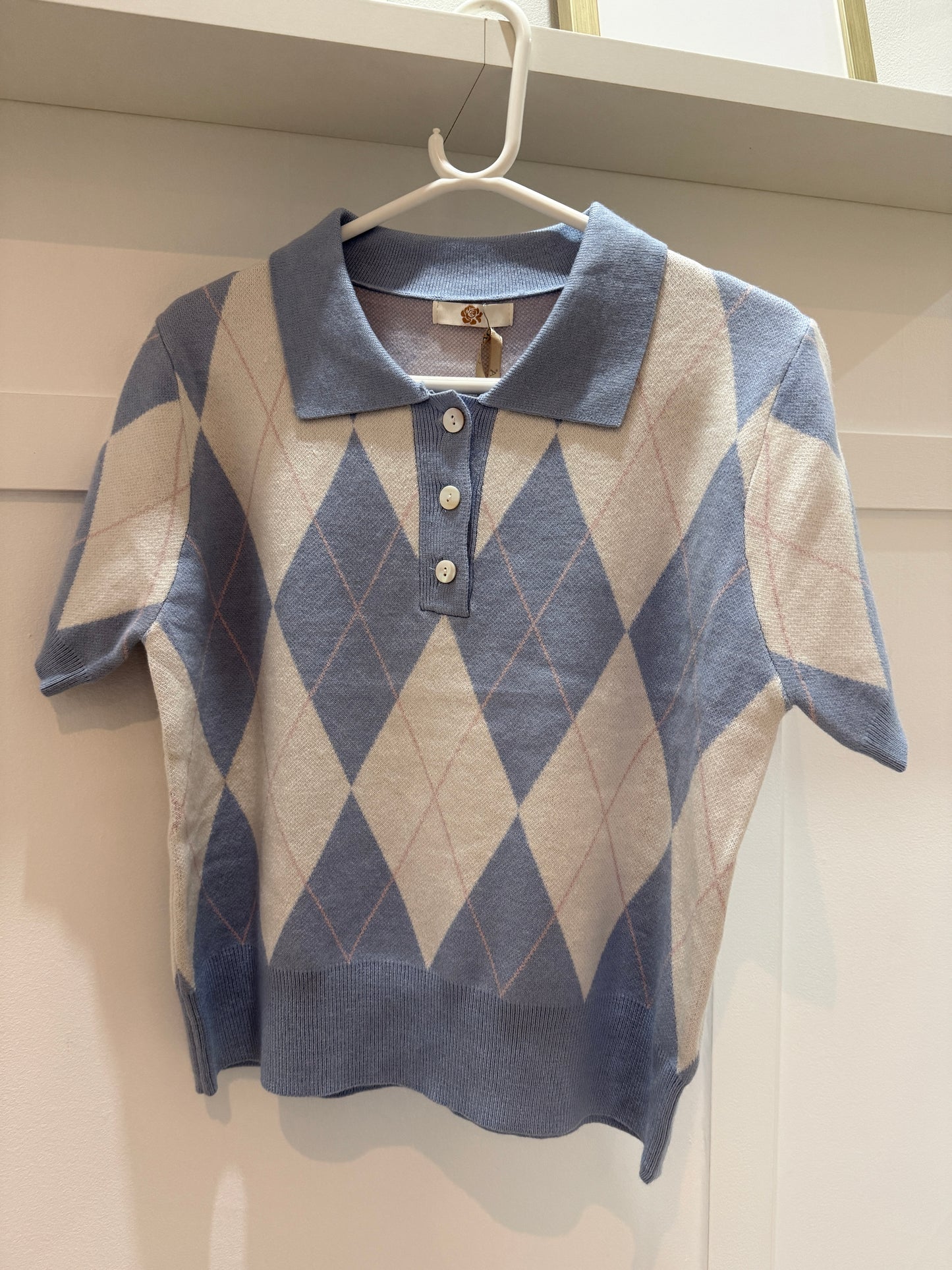Sky Blue/Cream Argyle Polo S/S Jumper