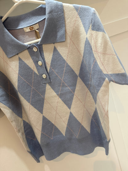 Sky Blue/Cream Argyle Polo S/S Jumper