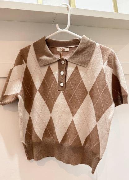 Sky Blue/Cream Argyle Polo S/S Jumper