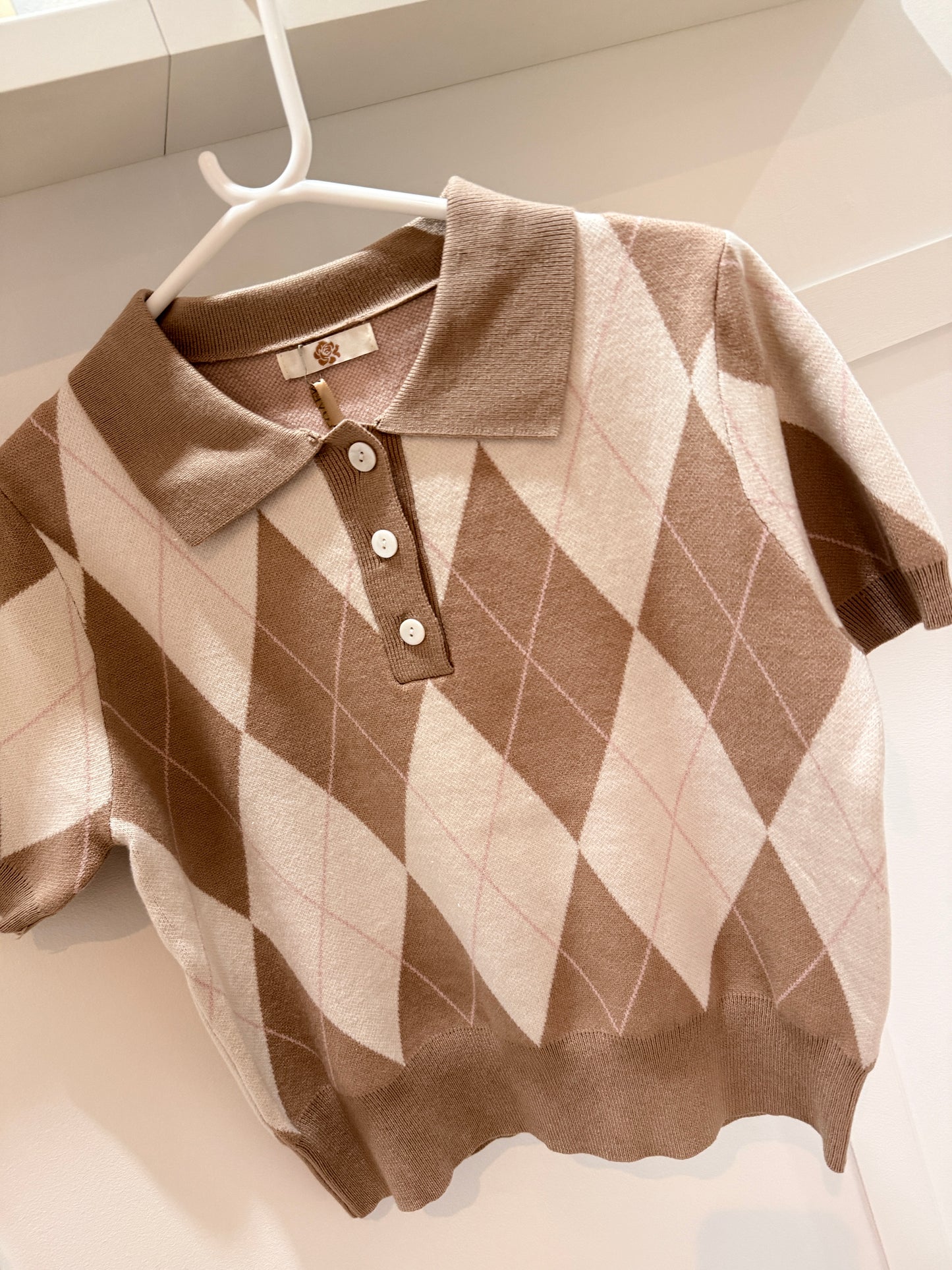 Sky Blue/Cream Argyle Polo S/S Jumper