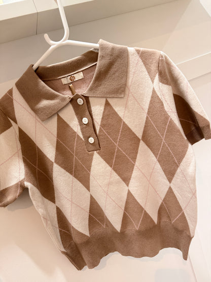 Sky Blue/Cream Argyle Polo S/S Jumper