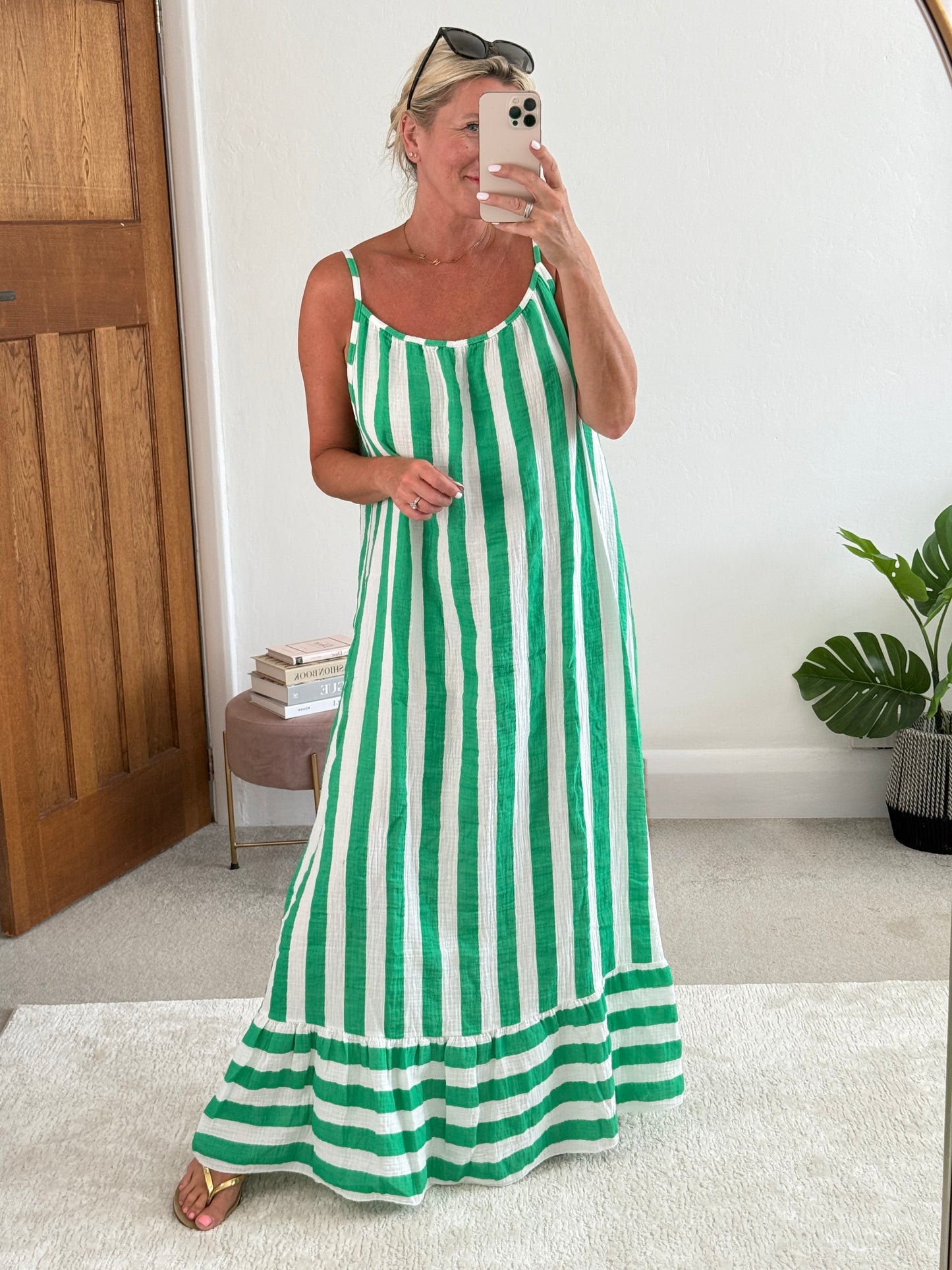 Green/White Stripe Cheesecloth Maxi Dress