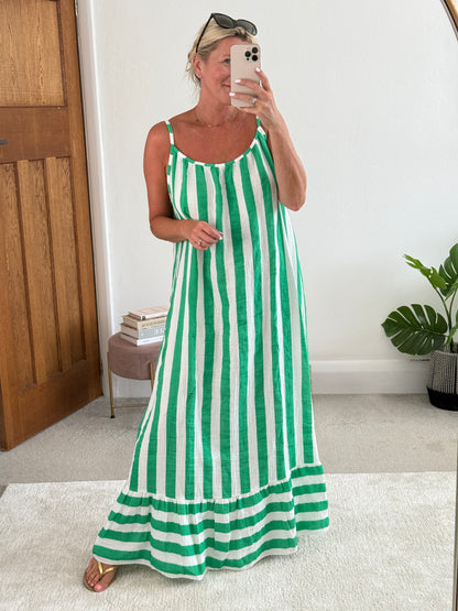 Green/White Stripe Cheesecloth Maxi Dress