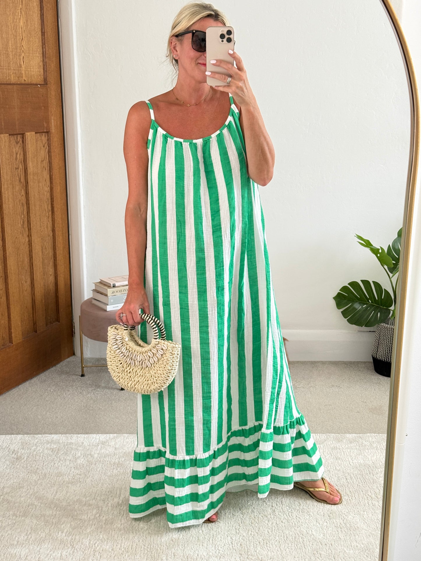 Green/White Stripe Cheesecloth Maxi Dress