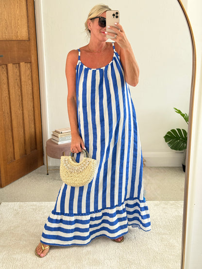 Cobalt/White Stripe Cheesecloth Maxi Dress