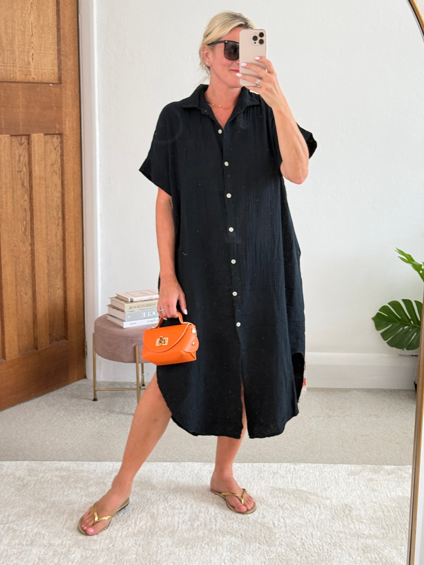 Black Cheesecloth Midi Shirt Dress