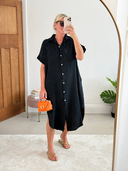 Black Cheesecloth Midi Shirt Dress