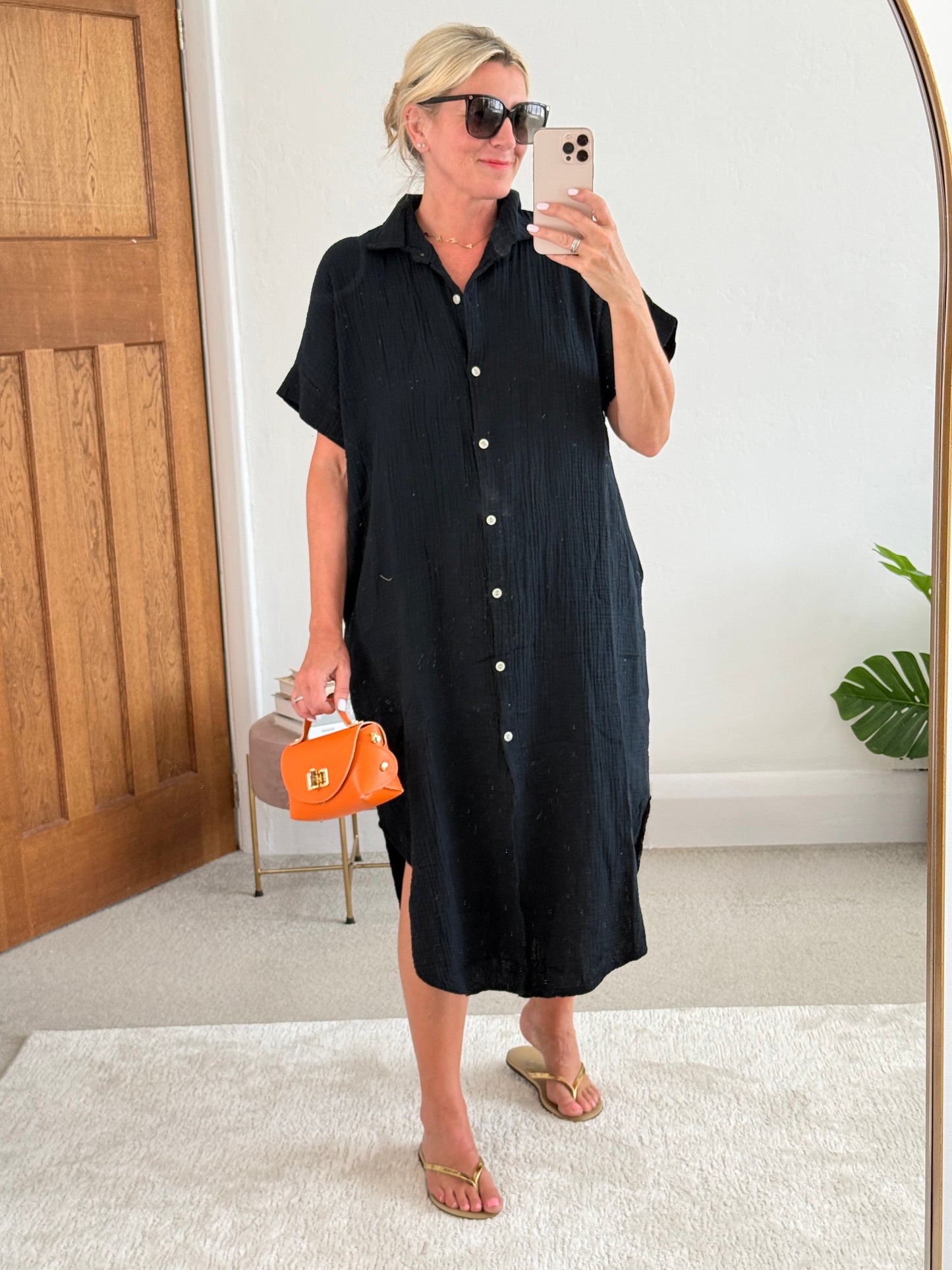 Black Cheesecloth Midi Shirt Dress