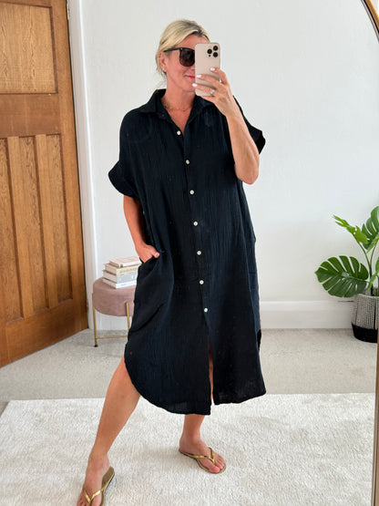 Black Cheesecloth Midi Shirt Dress