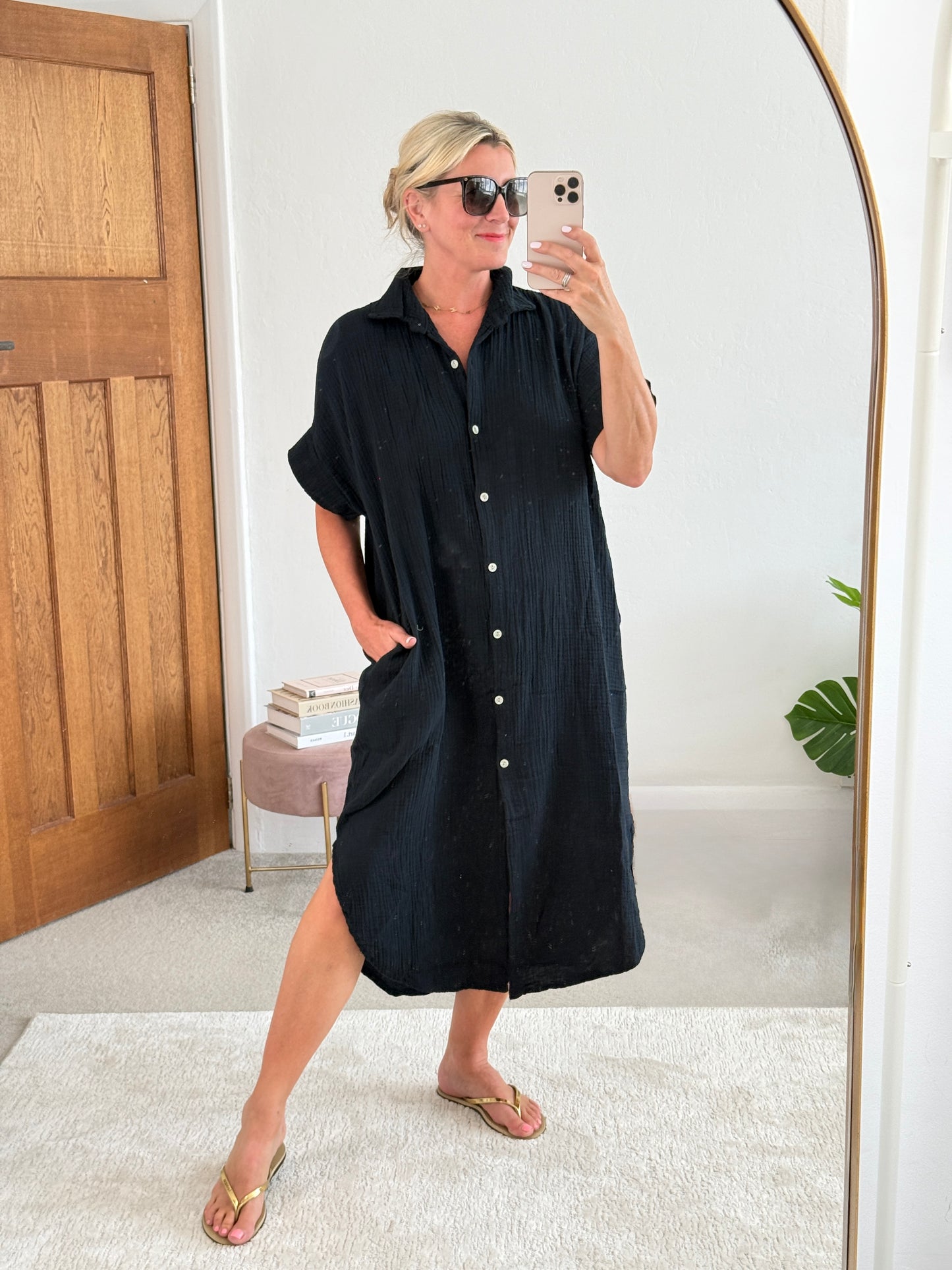 Black Cheesecloth Midi Shirt Dress
