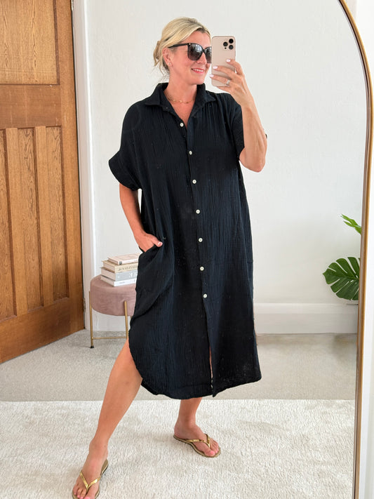 Black Cheesecloth Midi Shirt Dress