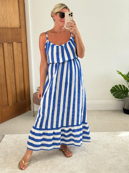 Cobalt/White Stripe Cheesecloth Maxi Dress