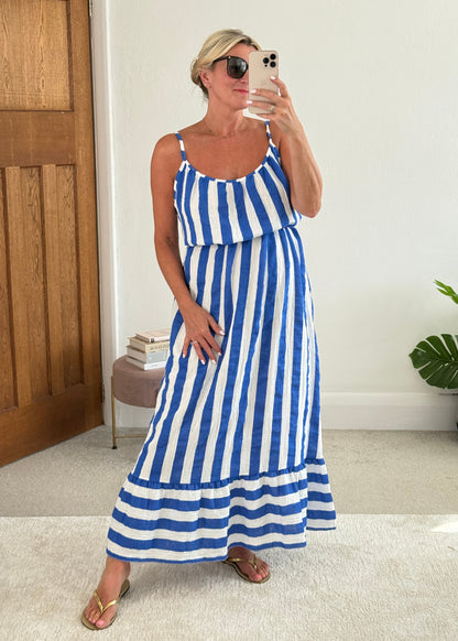 Cobalt/White Stripe Cheesecloth Maxi Dress