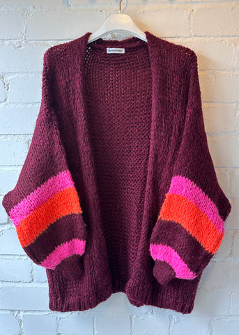 Burgundy Neon Stripe Sleeve Cosy Cardigan