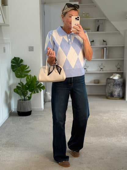 Sky Blue/Cream Argyle Polo S/S Jumper
