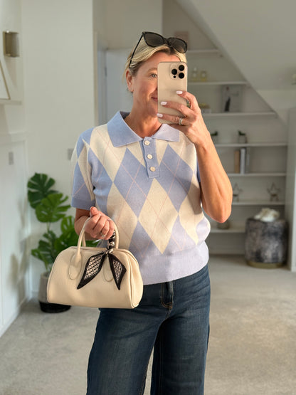 Sky Blue/Cream Argyle Polo S/S Jumper