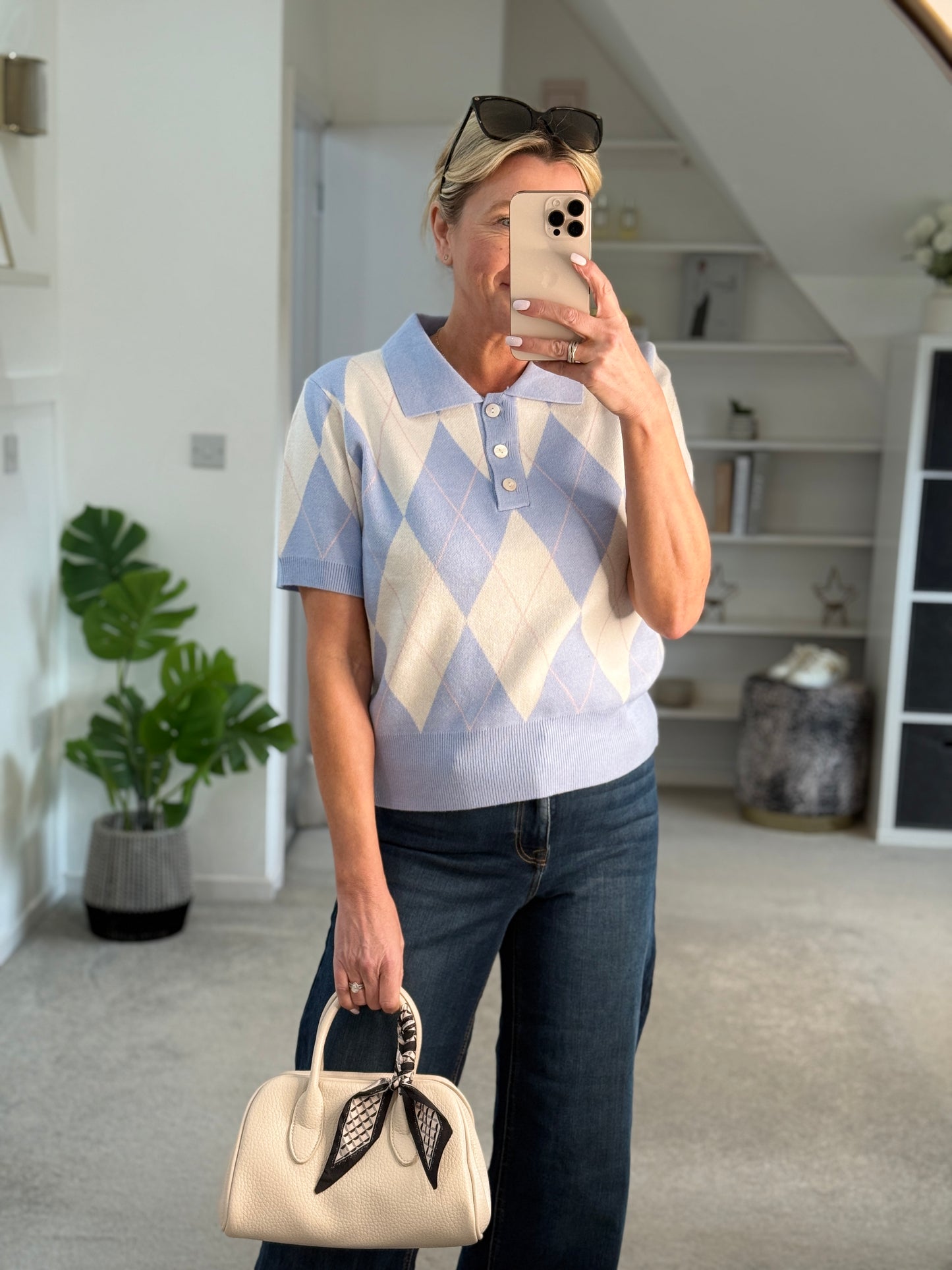 Sky Blue/Cream Argyle Polo S/S Jumper