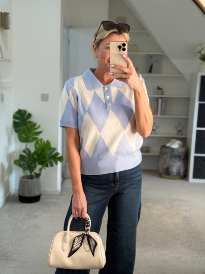 Sky Blue/Cream Argyle Polo S/S Jumper