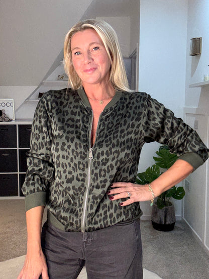 Burgundy Leopard Silk Mix Bomber Jacket