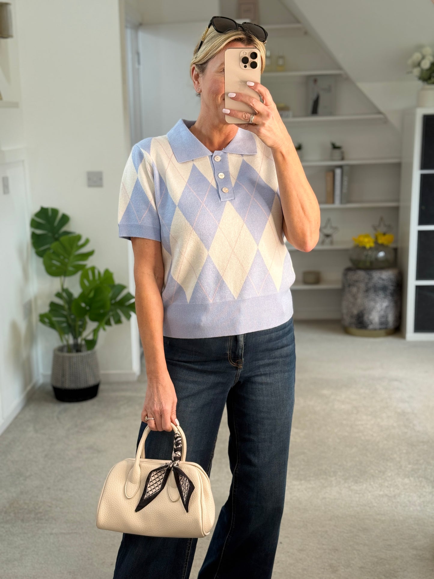 Sky Blue/Cream Argyle Polo S/S Jumper