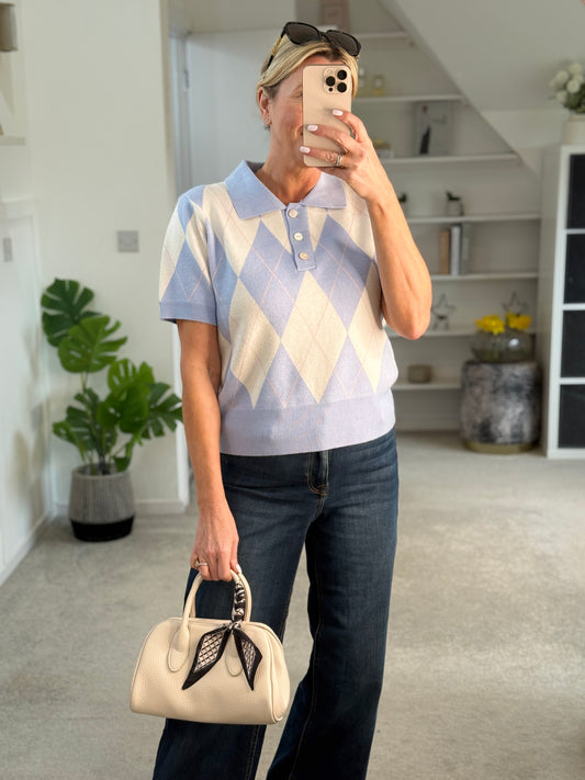 Sky Blue/Cream Argyle Polo S/S Jumper
