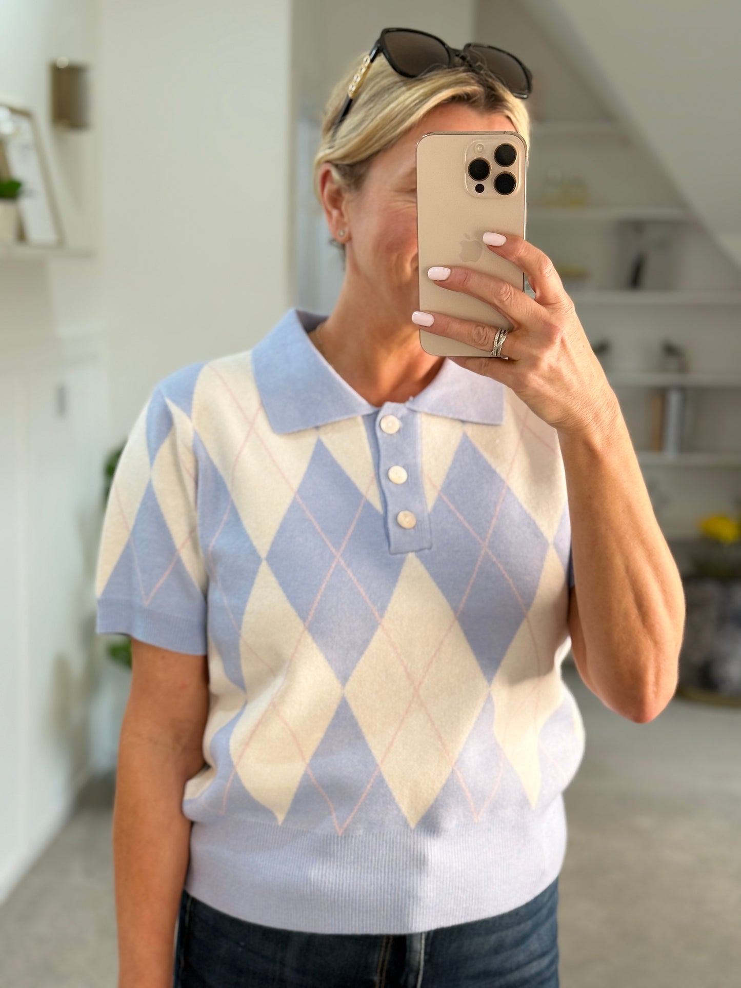 Sky Blue/Cream Argyle Polo S/S Jumper