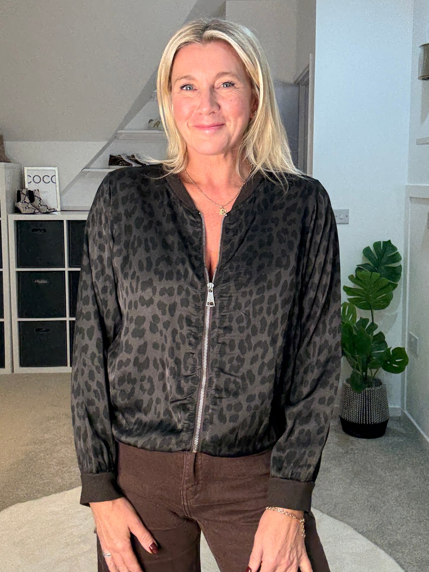 Burgundy Leopard Silk Mix Bomber Jacket