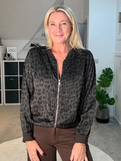 Burgundy Leopard Silk Mix Bomber Jacket