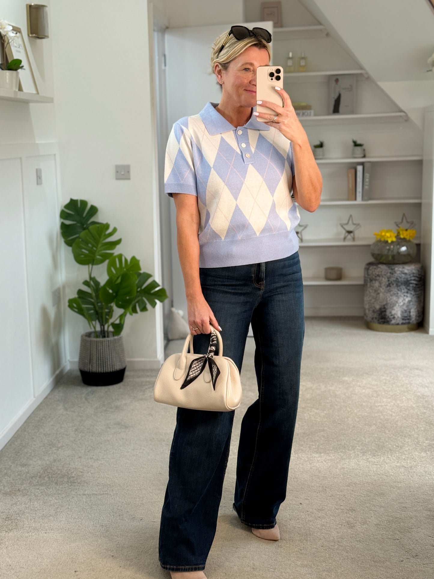 Sky Blue/Cream Argyle Polo S/S Jumper