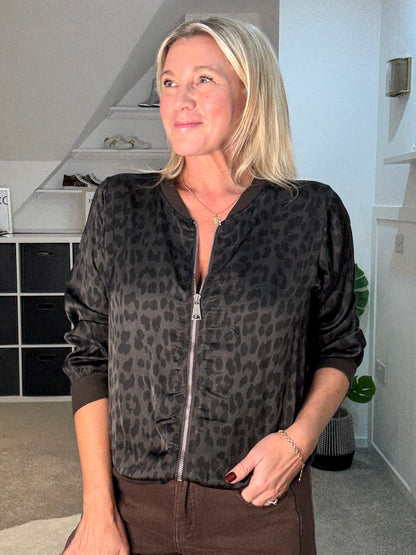 Burgundy Leopard Silk Mix Bomber Jacket