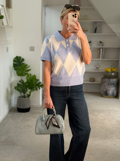 Sky Blue/Cream Argyle Polo S/S Jumper