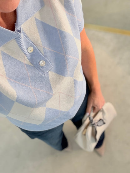 Sky Blue/Cream Argyle Polo S/S Jumper