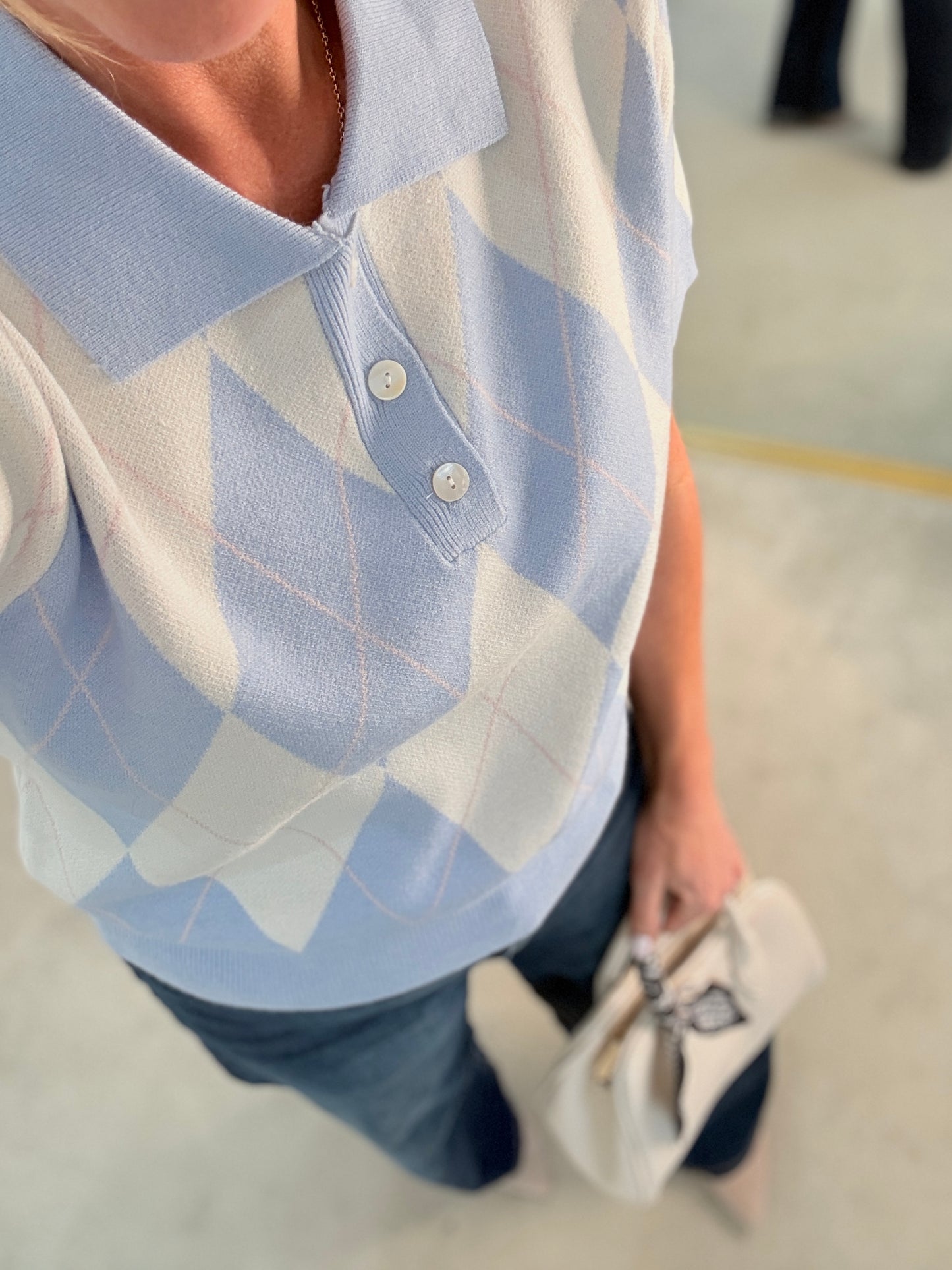 Sky Blue/Cream Argyle Polo S/S Jumper
