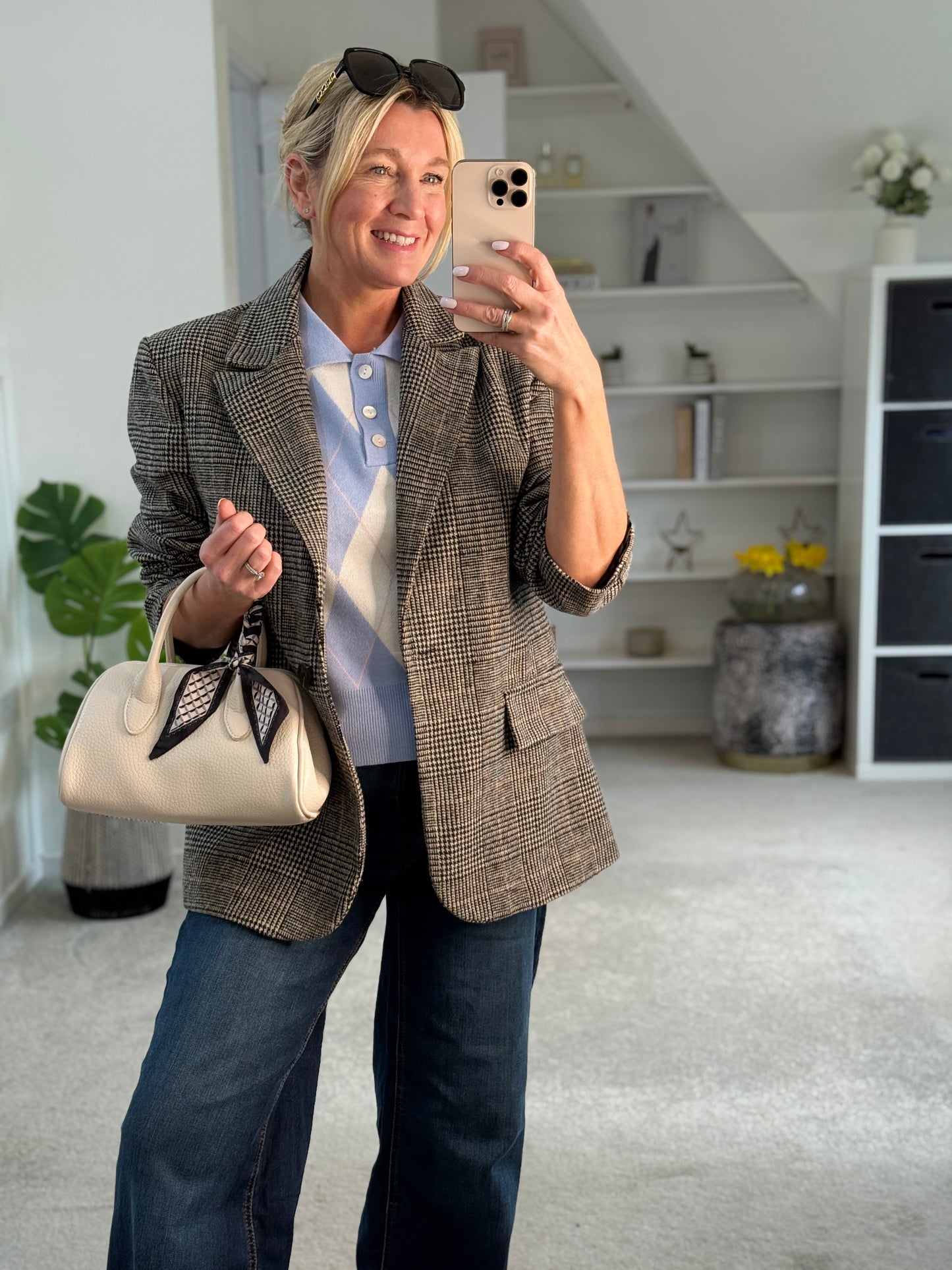 Sky Blue/Cream Argyle Polo S/S Jumper