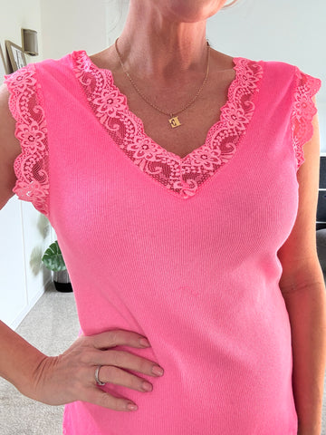 Neon Pink Lace V Neck Vest Top