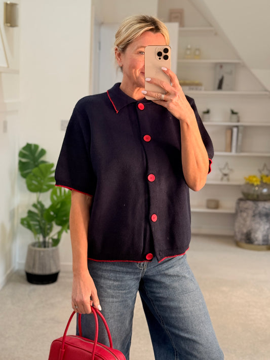 Navy/Red Contrast Button S/S Cardigan