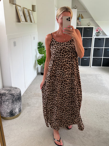 Leopard Print Strappy Cross Back Maxi Dress