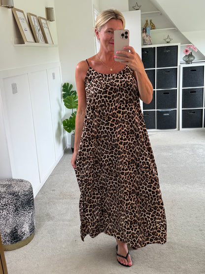 Leopard Print Strappy Cross Back Maxi Dress