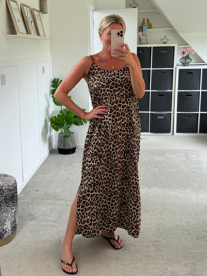 Leopard Print Strappy Cross Back Maxi Dress