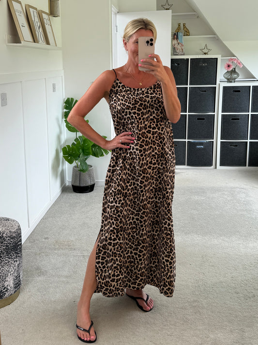 Leopard Print Strappy Cross Back Maxi Dress