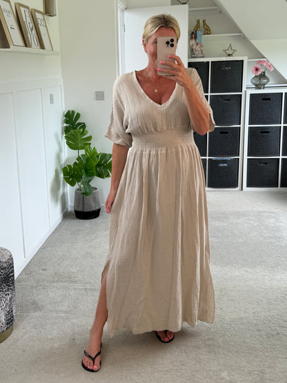Stone Cheesecloth V Neck Maxi Dress