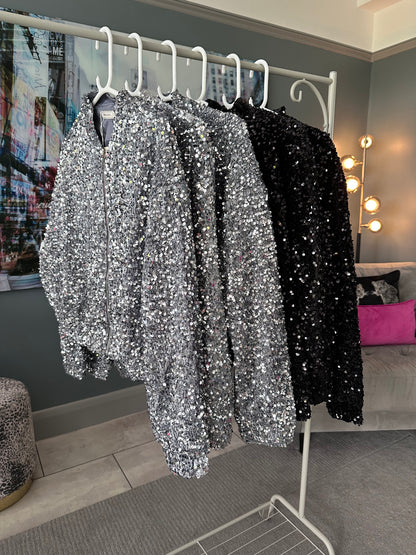 Black Sequin Bomber Jacket